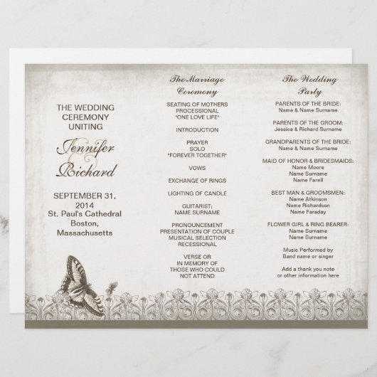 Tri-voudig elegant vintage bruiloftprogramma's (Voorkant / Achterkant)