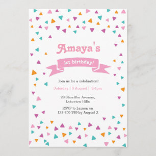 Triangle confetti Girl's Birthday Invitation Kaart
