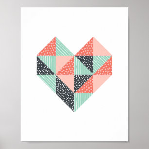 Triangle Heart Mint Coral en Black Poster
