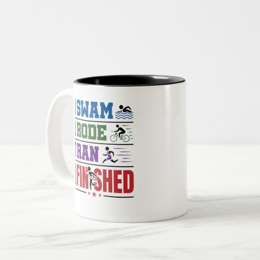 Triathlon Finisher I Swam I Rode I Ran I Finisher Tweekleurige Koffiemok (Voorkant links)