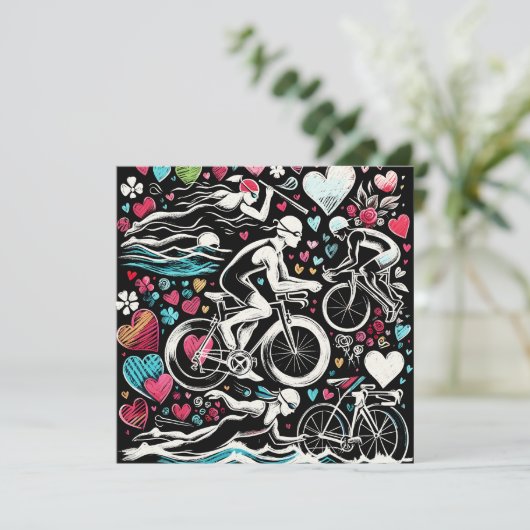 Triathlon geïnspireerd liefde kussen, Valentijnsda Feestdagenkaart (Staand voorkant)