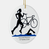 Triathlon Vrouw Keepsake in blauw Keramisch Ornament (Rechts)