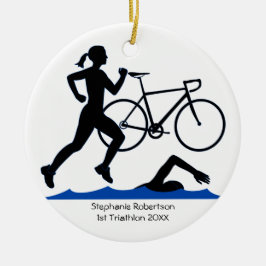 Triathlon Vrouw Keepsake in blauw Keramisch Ornament