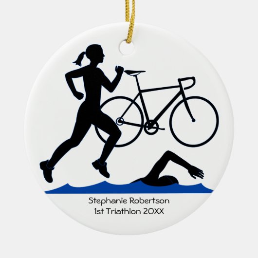 Triathlon Vrouw Keepsake in blauw Keramisch Ornament (Voorkant)