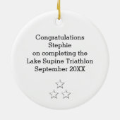 Triathlon Vrouw Keepsake in blauw Keramisch Ornament (Achterkant)