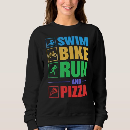Triathlon zwemmen fiets run en pizza trui (Voorkant)