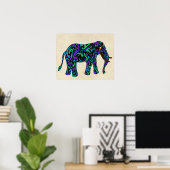 Tribaal Tattoo Elephant in Paars blauw en groen Poster (Thuiskantoor)