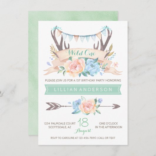 Tribal Antler Wild One 1st Verjaardag Uitnodiginge Kaart (Voorkant / Achterkant)