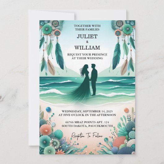 Tribal Aqua Zand Werk Gestapeld Zee Glazen Bruilof Kaart (Voorkant)