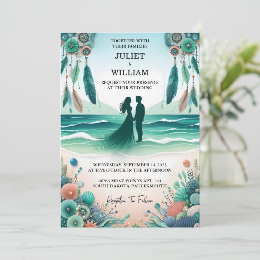 Tribal Aqua Zand Werk Gestapeld Zee Glazen Bruilof Kaart (Staand voorkant)