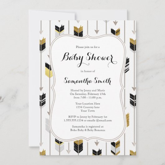 Tribal Arrows Baby shower Zwart Goud Grijs Kaart (Voorkant)