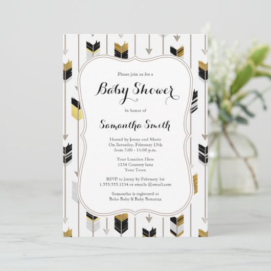 Tribal Arrows Baby shower Zwart Goud Grijs Kaart (Staand voorkant)