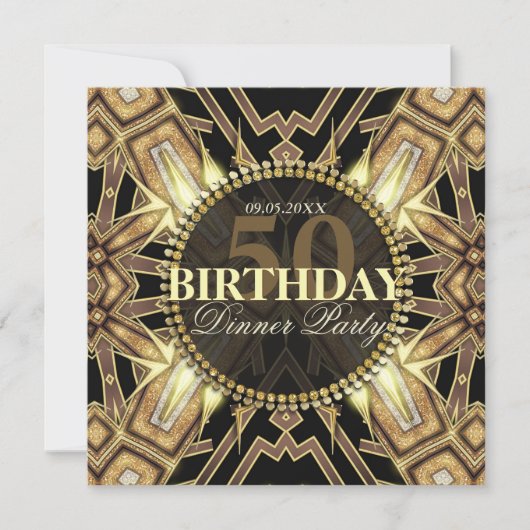 Tribal Art Deco Gold Glow 50th Birthday Invitation Kaart (Voorkant)