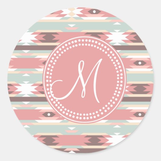 Tribal Aztec roze monogram patroon Ronde Sticker (Voorkant)