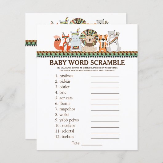 Tribal Baby shower Games Word Scramble Rhyme Quiz (Voorkant / Achterkant)