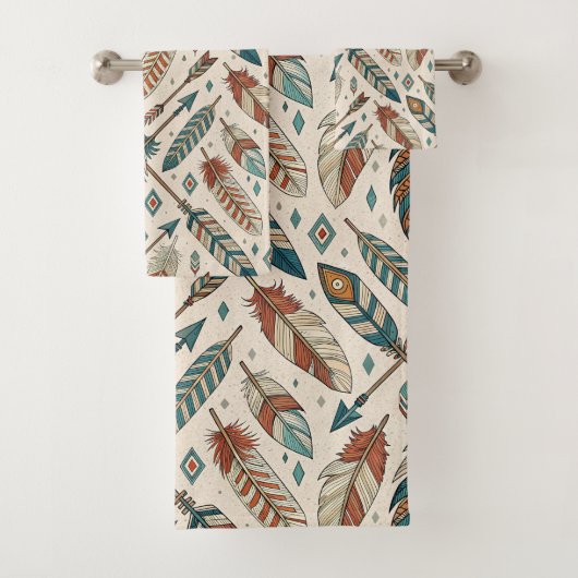 Tribal Bath Towel Native Arrows and Feather Motif Bad Handdoek (Insitu)