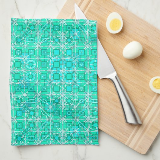 Tribal Batik - aqua en turquoise met wit Theedoek (Quarter Fold)