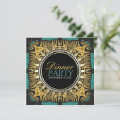 Tribal Batik Blauwgroen Gold Black Dinner Party Kaart (Staand voorkant)