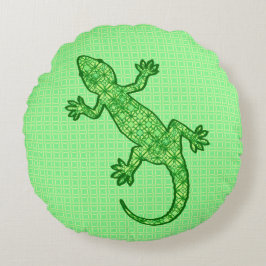Tribal batik Gecko - limoen en smaragdgroen Rond Kussen