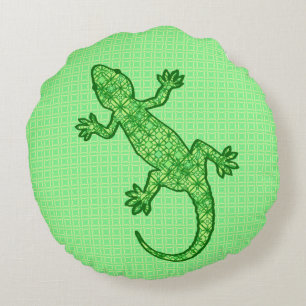 Tribal batik Gecko - limoen en smaragdgroen Rond Kussen