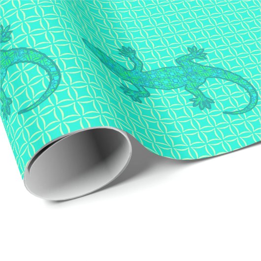 Tribal batik Gecko - turquoise / pauock Cadeaupapier (Rol Hoek)