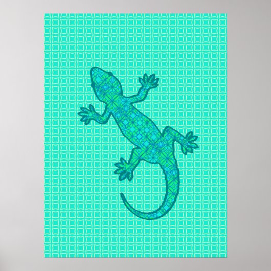 Tribal batik Gecko - turquoise / pauock Poster (Voorkant)