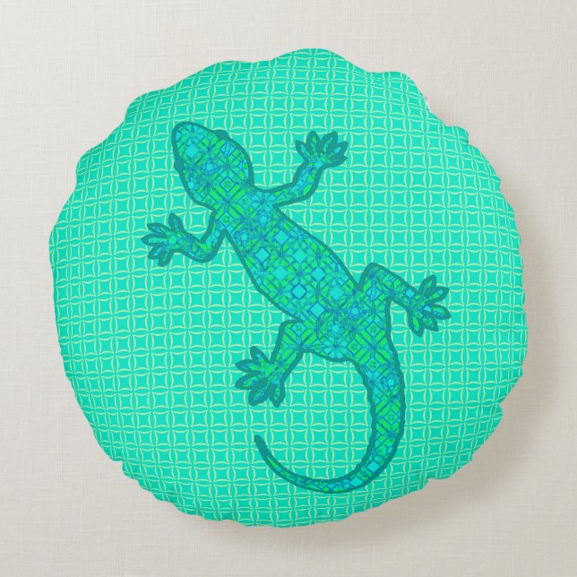 Tribal batik Gecko - turquoise / pauock Rond Kussen (Achterkant)