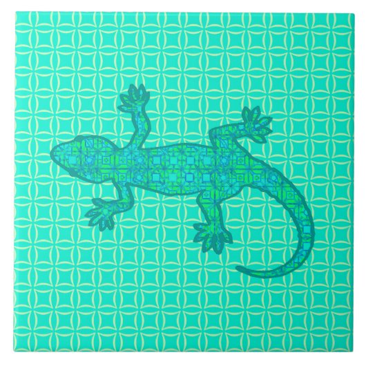 Tribal batik Gecko - turquoise / pauock Tegeltje (Voorkant)