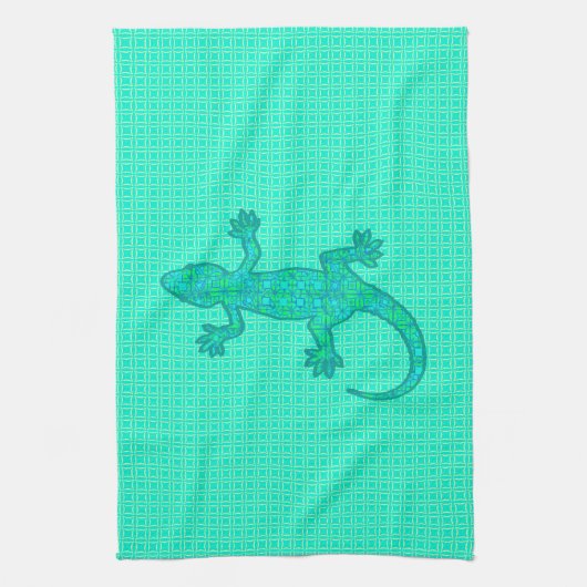Tribal batik Gecko - turquoise / pauock Theedoek (Verticaal)