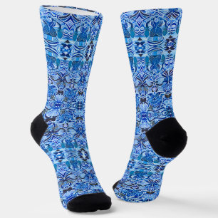 Tribal Batik Patroon in Indigo Blauw en Wit Sokken