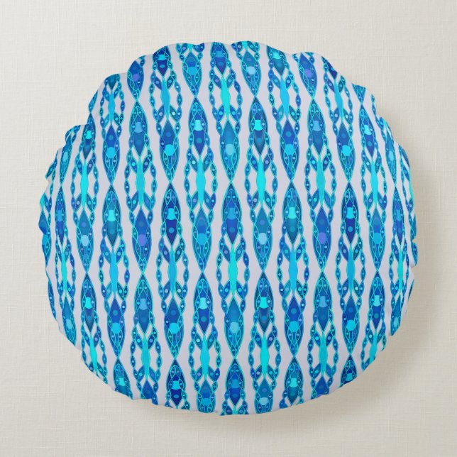Tribal Batik - Sapphire Blue en Silver Grey Rond Kussen (Voorkant)