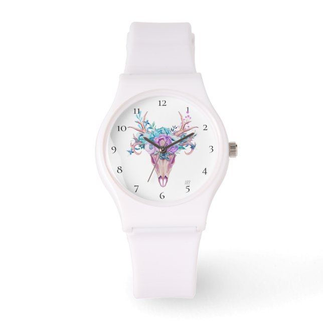 *~* Tribal Beachy Antlers Hoorn Schedel Boho Bloem Horloge (Voorkant)