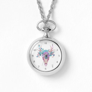 *~* Tribal Beachy Skull Antlers Horn Boho Flowers Horloge