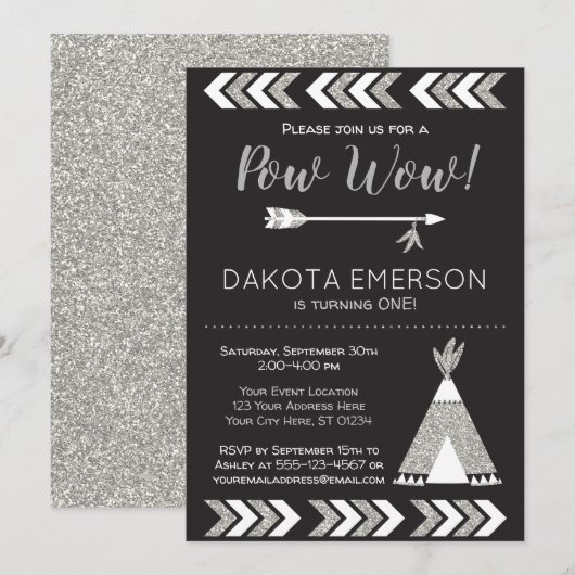 Tribal Birthday Invitation | Zwart, zilveren pow W Kaart (Voorkant / Achterkant)