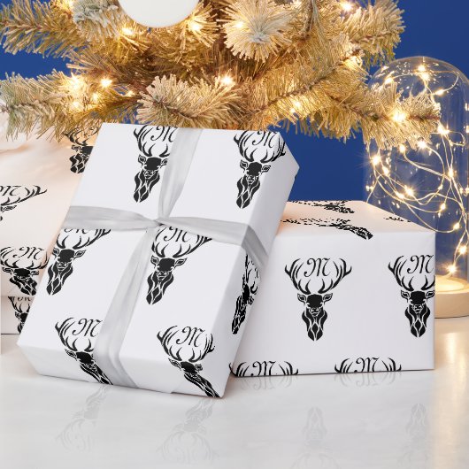 Tribal Black Stag Silhouette Monogram Cadeaupapier (Feestdagen)