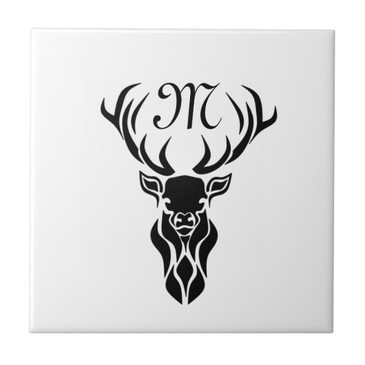 Tribal Black Stag Silhouette Monogram Tegeltje (Voorkant)