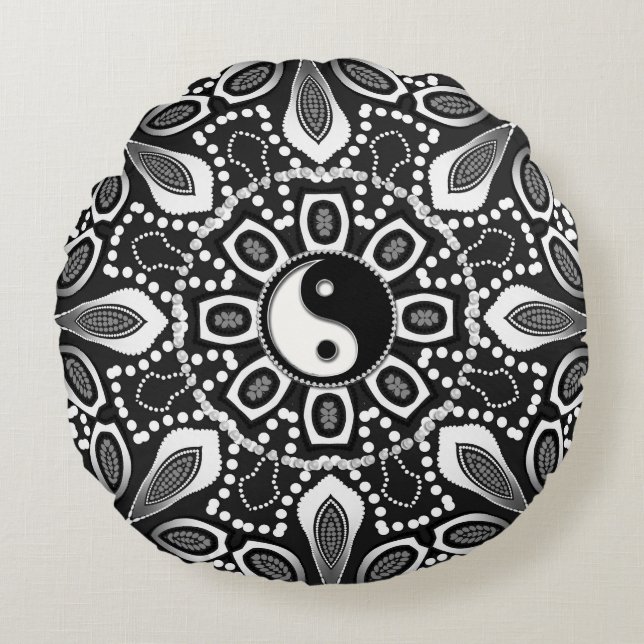 Tribal Black White Yin Yang Geometric Round Pillow Rond Kussen (Voorkant)