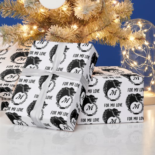 Tribal Black Wolf Head Silhouette Laurel Monogram Cadeaupapier (Feestdagen)