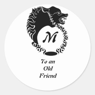 Tribal Black Wolf Head Silhouette Laurel Monogram Ronde Sticker