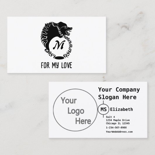 Tribal Black Wolf Head Silhouette Laurel Monogram Visitekaartje (Voorkant / Achterkant)