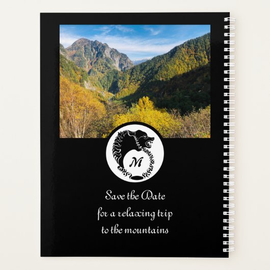 Tribal Black Wolf Silhouette Laurel Monogram Foto Planner (Achterkant)