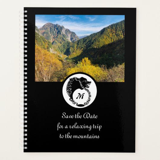 Tribal Black Wolf Silhouette Laurel Monogram Foto Planner (Voorkant)