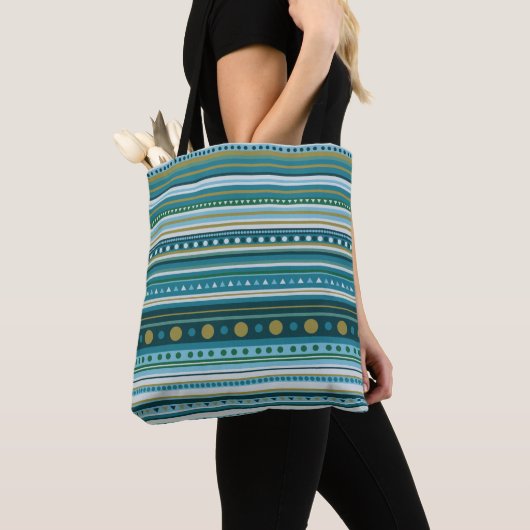 Tribal Blauwgroen Blauwe Stripes Patroonpatroon Ca Tote Bag (Dichtbij)