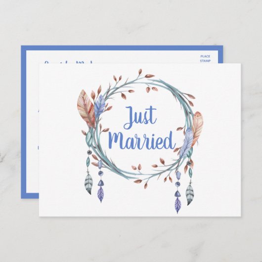 Tribal Blue Feathers Boho trouwt gewoon met elkaar Aankondigingskaart (Voorkant / Achterkant)