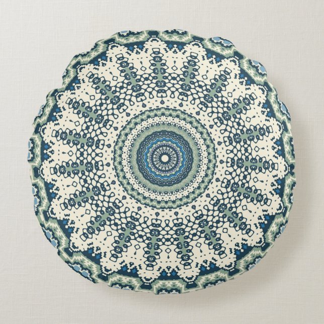 Tribal Blue Green Mandala Rond Kussen (Voorkant)