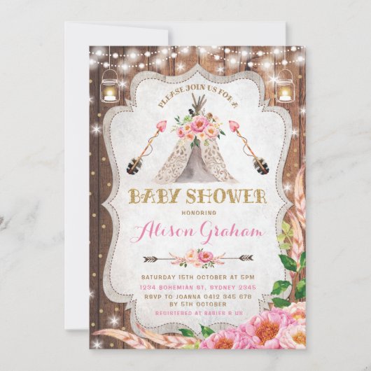 Tribal Boho Baby shower Invitation Floral Teepee Kaart (Voorkant)