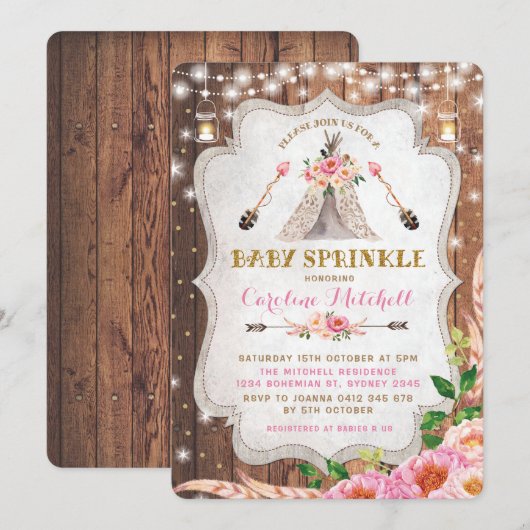 Tribal Boho Baby Sprinkle Noite Pink Floral Tipi Kaart (Voorkant / Achterkant)