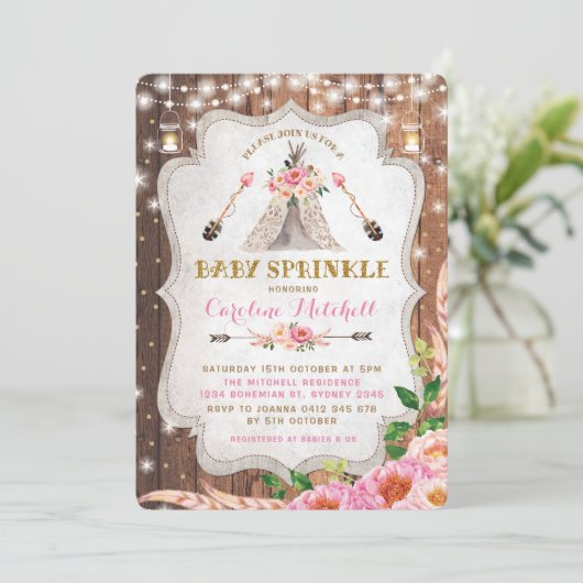 Tribal Boho Baby Sprinkle Noite Pink Floral Tipi Kaart (Staand voorkant)