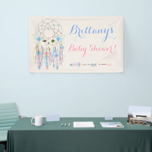 Tribal Boho Dream Catcher Baby blauw en roze Spandoek (Beurs)