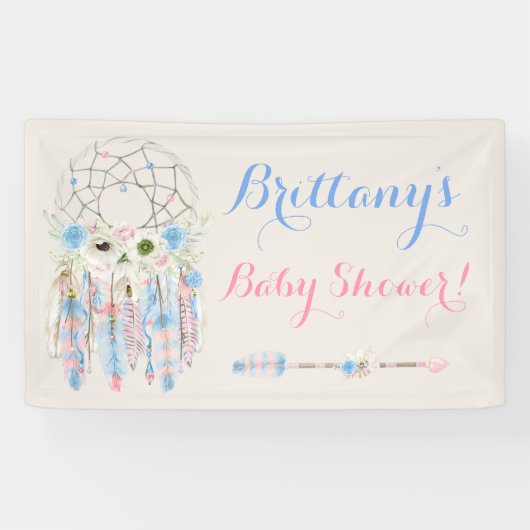 Tribal Boho Dream Catcher Baby blauw en roze Spandoek (Horizontaal)